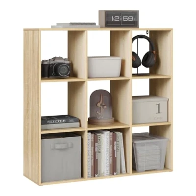 Abbildung von WOLTU Bücherregal mit 9 Fächern, Würfelregal Standregal Büroregal Aufbewahrungsregal, offenes Regal für Wohnzimmer Schlafzimmer Büro, 94x93x29,5 cm, helle Eiche, SK047hei