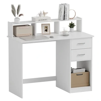 Abbildung von Mondeer Schreibtisch Computertisch (Weiß), mit Aufbewahrungsschrank und 2 Schubladen, 105x94x48cm