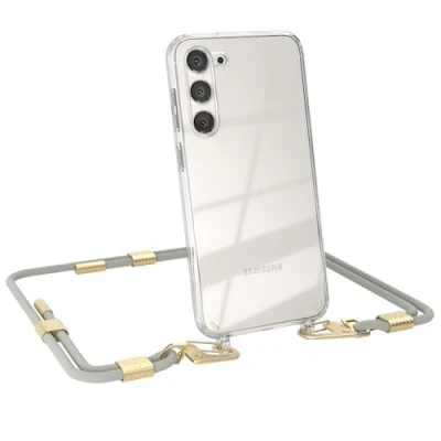 Abbildung von EAZY CASE kombinierbare Handyketten kompatibel mit Samsung Galaxy S23 Plus, Transparente Silikon Hülle stylischen Umhängeband, Abnehmbarer Karabiner, Gurt zum wechseln, Taupe Clips Gold