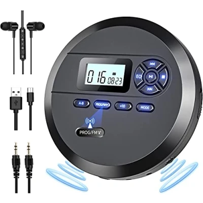 Abbildung von Tragbarer CD Player, DESOBRY Player Tragbar mit Lautsprechern und UKW Sender, Discman für Auto, 2000 mAh Akku, Kopfhörer, AUX Kabel