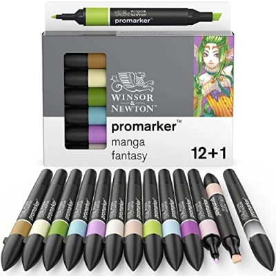 Abbildung von Winsor &amp; Newton 0290142 ProMarker, Professioneller Layoutmarker 2 Spitzen, fein und breit für Zeichnungen, Design Layouts 13 Farben Set Manga Fantasy