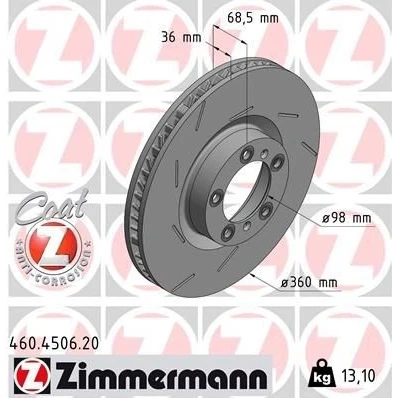 Abbildung von ZIMMERMANN 460.4506.20 Bremsscheibe 360 36 7/5 5 130 innenbelüftet, geschlitzt beschichtet hochgekohlt PORSCHE: Panamera, Panamera Sport Turismo
