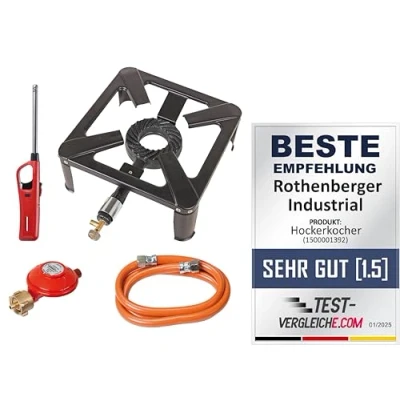 Abbildung von ROTHENBERGER Industrial Hockerkocher inkl. 1,5 m Propan Gas Schlauch &amp; Konstantregler, Gasanzünder Camping, Outdoor zur Verwendung im Freien für Propangasflasche