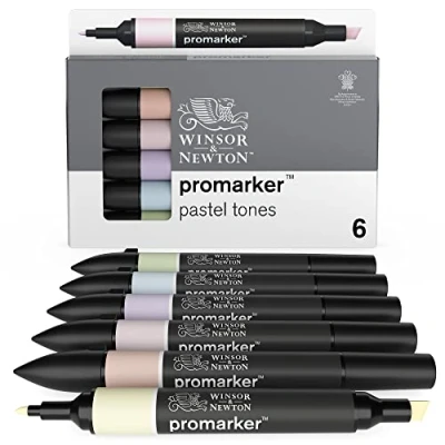 Abbildung von Winsor &amp; Newton 0290113 ProMarker, Professioneller Layoutmarker 2 Spitzen, fein und breit für Zeichnungen, Design Layouts 6 Farben Set Pastell Töne
