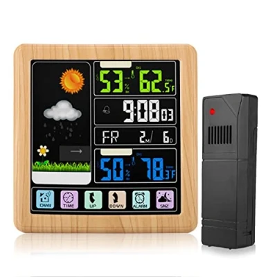 Abbildung von Garsent Wetterstation Funk mit Farbdisplay, Touch Screen Wireless Wettervorhersage Alarm, Temperatur Luftfeuchtigkeit Uhr für Innen und außen(holzfarbe)