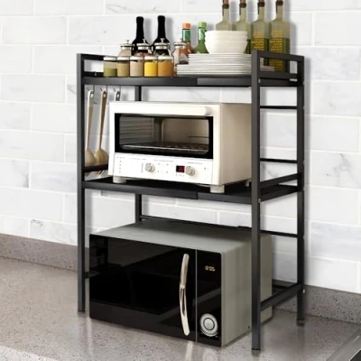 Abbildung von OHMG 2 stufiges Erweiterbares Mikrowellen Regal,Mikrowellen Regal Mikrowellenregal Organizer Küche mit 3 Haken,Ausziehbar von 40 64cm,Stufiges Küchenregal,Küchenorganizer (Schwarz (40/64x36.5x78cm))