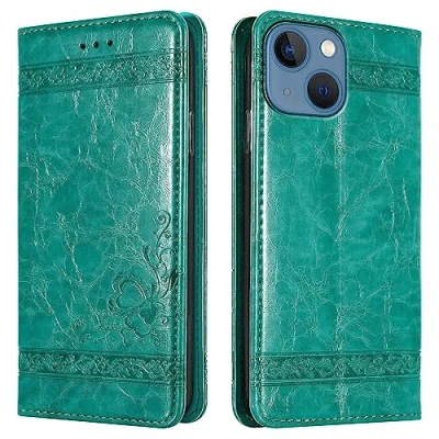 Abbildung von Cadorabo Hülle kompatibel mit Apple iPhone 13 Mini Handyhülle aus Kunst Leder Flip Klappbare Stoßfeste Magnetische [Standfunktion] [Kartenfächern] Case für Tasche in Türkis
