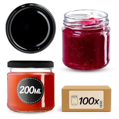 Abbildung von KADAX Kleine Einmachgläser 200 ml, Marmeladengläser, fi66 mm, Minigläser für Honig und Gewürze, Luftdichte Gläschen, Einweckglas, Gläser, Einweckgläser, Rundgläser (100 Stück, Schwarz)