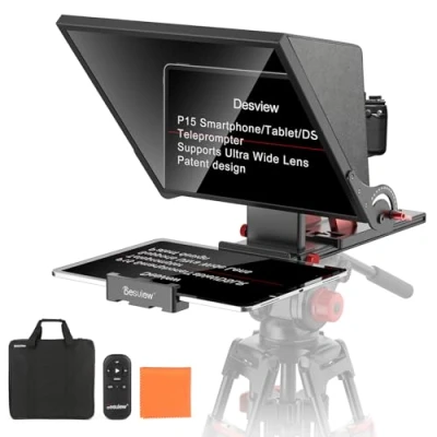Abbildung von Desview P15 Aluminiumlegierung Hebbarer Teleprompter, 15 Zoll Prompter für iPad Tablet Smartphone DSLR Kamera, Kompatibel mit iOS Android, Fernbedienung und App Videoaufnahmen, Live Streaming