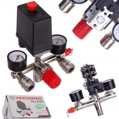 Abbildung von Druckregler 230 V mit Druckschalter 2 Messanzeigen von 0 bis 12 bar, Außengewinde 1/2“ ( 21 mm), für 230V Kompressor, Druckluft Abschaltautomatik, TYP PL