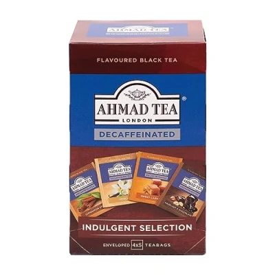 Abbildung von Ahmad Tea Indulgent Selection Koffeinfreier Schwarztee Haselnuss &amp; Schokolade, Zimt, Vanille und Süßer Karamell Aromaversiegelte Teebeutel mit 2g Tee pro Portion 20 (4x5) Band