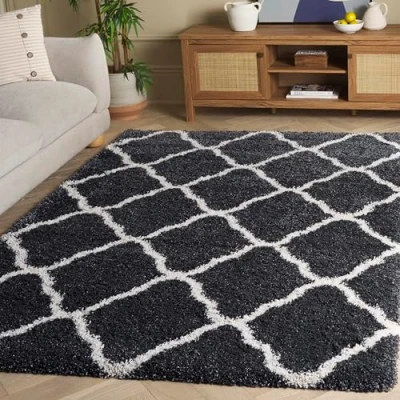 Abbildung von SAFAVIEH Zottelig Teppich für Wohnzimmer, Esszimmer, Schlafzimmer Hudson Shag Collection, Hoher Flor, Dunkelgrau und Elfenbein, 155 X 229 cm