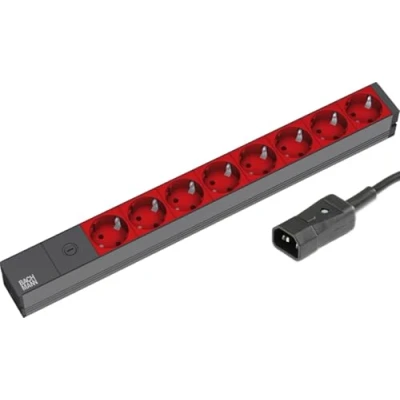 Abbildung von Bachmann Steckdosenleiste 19&#039;&#039; Zoll PDU 8 Fach mit Feinsicherung 10A 1HE 2m Kabel C14 Kaltgerätestecker Mehrfachsteckdose für Serverschrank Rack 333.538 Rot Grau (inkl. 2X Befestigungswinkel)