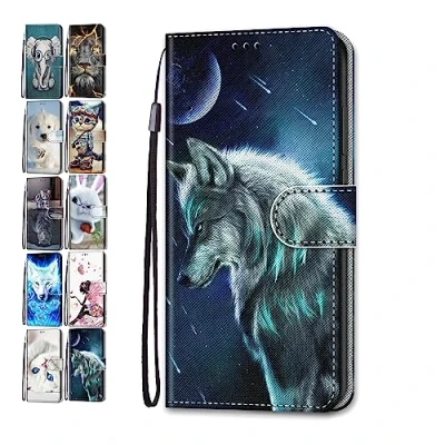 Abbildung von Hülle für Samsung Galaxy A15 5G Leder Tasche Flip Case Mädchen Jungs Muster Design Etui Schutzhülle Cover Handyhülle Wolf