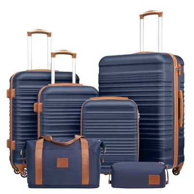 Abbildung von COOLIFE Koffer Set Trolley ABS Hartschale Reisekoffer 4 Rollen TSA Schloss einziehbarer Der Enthält 1 Reisetasche und Kulturbeutel (Blau/Braun, 6tlg)