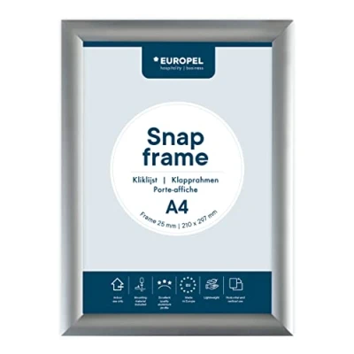 Abbildung von EUROPEL Klapprahmen A4 mit 25 mm Aluminium Profil aufklappbarer Plakatrahmen Gehrungsecke Schnapprahmen für u.a. Poster, Zertifikate, Fotos &amp; Werbemittel Silber, 355001