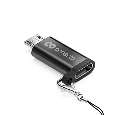 Abbildung von conecto, Micro USB auf C Adapter, OTG Unterstützung, kompatibel mit Apple Geräten, inkl. Schlaufe/Karabiner, Aluminium Gehäuse, schwarz