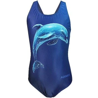 Abbildung von Aquarti Mädchen Badeanzug Chlorresistent Schwimmanzug Muscleback Wassersport Swimsuit, Farbe: Delfin digital Blau/Dunkelblau, Größe: 158