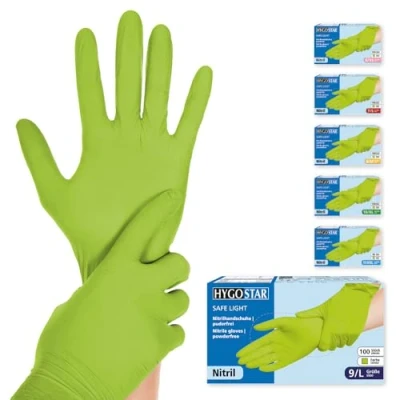 Abbildung von Franz Mensch Hygostar Nitrilhandschuhe Safe Light puderfrei, grün, 9/L, 24cm, 100 Stück, Einweghandschuhe, Einmalhandschuhe, in Gr. XS, S, M, L, XL &amp; XXL verfügbar