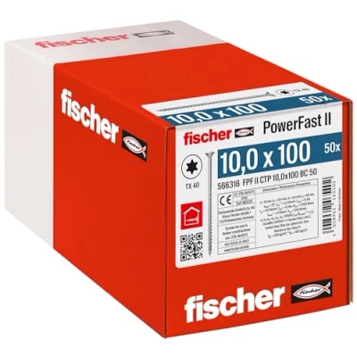 Abbildung von fischer PowerFast II CTP 10,0 x 100, kraftvolle Holzbauschraube mit Senkkopf, Innenstern Aufnahme und Teilgewinde, für den konstruktiven Holzbau, 50 Stk.