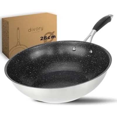 Abbildung von DIVORY Edelstahl Wokpfanne 28 cm ULTIME I Antihaft beschichtete, Wok Induktion, für alle Herdarten Pfanne groß Induktionskochfeld, Gasbrenner, Gasherd spülmaschinengeeignet