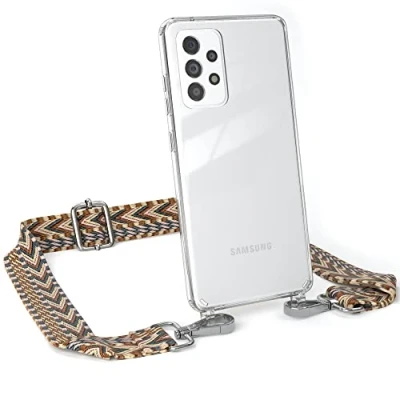 Abbildung von EAZY CASE Handykette Verstellbares Taschenband kompatibel mit Samsung Galaxy A52 / 5G A52s 5G, Schulterriemen, Handykordel Silikon Hülle, Umhängetasche, Hell Braun/Braun Clips Silber