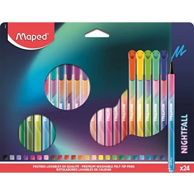 Abbildung von Maped Zeichenstifte Nightfall Schreibstifte, Tinte waschbar mittlere Spitze super robust dreieckige Form Box mit 24 Filzstiften, lange Lebensdauer, 844402 mehrfarbig