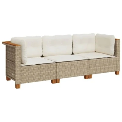 Abbildung von vidaXL Gartensofa 3 Sitzer, Gartensessel mit Kissen, Modular Loungesofa für Garten Terrasse, Sofa Garnitur Gartenmöbel, Beige Poly Rattan