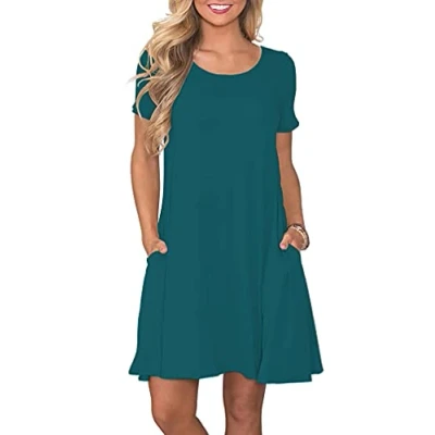 Abbildung von AUSELILY Damen Kleider Sommer Kurzarm Shirtkleider Kurz Sommerkleider Leicht Freizeitkleid mit Taschen DunkelGrün XL