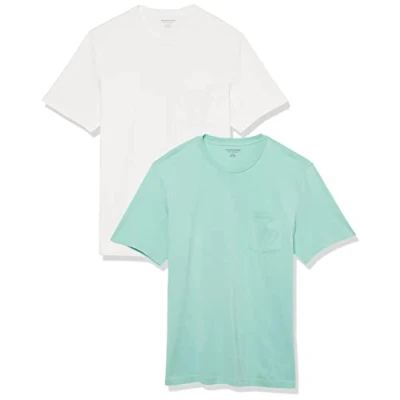 Abbildung von Amazon Essentials Herren T Shirt mit kurzen Ärmeln, Rundhalsausschnitt und Tasche in normaler Passform, 2er Pack, Aquagrün/Weiß, S