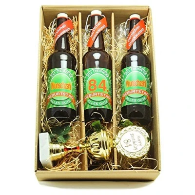 Abbildung von Bier Geschenk zum 84.Geburtstag Geburtstagsgeschenk vierundachtzigster Geburtstag Präsentkarton mit und Pokal 84.