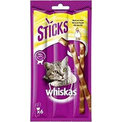 Abbildung von Whiskas Sticks Katzensnack reich an Huhn, 84 Sticks, 14er Pack, 14x6 Unwiderstehliches Geschmackserlebnis mit vielen Vitaminen und Mineralstoffen