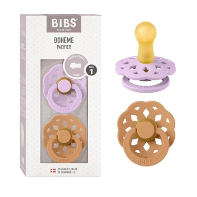 Abbildung von BIBS Boheme Schnuller 2er Pack. BPA frei, Kirschform Nippel. Naturkautschuk/Latex, Hergestellt in Dänemark, Größe 1 (0 6 Monate), Violet Sky/Pumpkin