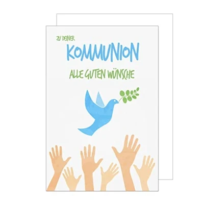 Abbildung von Edition Seidel Premium Glückwunschkarte zur Kommunion mit Umschlag. Eine einzelne Karte Kommunionskarte Grusskarte Hände Taube Zweig Junge Mädchen (KO245 SW022)