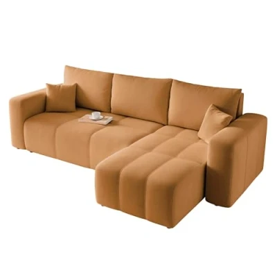 Abbildung von GREKPOL Sofa mit Schlaffunktion 145x248 Senfgelb Ecksofa und Bettkasten 3 Sitzer Schlafsofa Couch