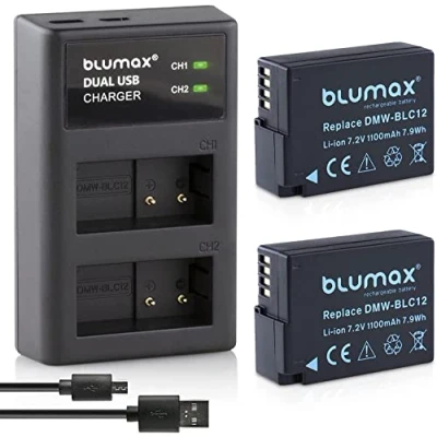 Abbildung von Blumax 2X Akku ersetzt Panasonic DMW BLC12 / E 1100mAh + USB Dual Ladegerät kompatibel mit Lumix DMC: G5 G6 GX8 G70 G81 GH2