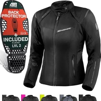 Abbildung von SHIMA RUSH Motorrad Jacke Damen mit Protektoren Textil AIRFORCE Rückenprotektor Wasserdicht Motorradjacke Sommer Motorradkombi Motorradhose Mesh Touren (Schwarz, Frauen, Schutzjacken, Größe XL)