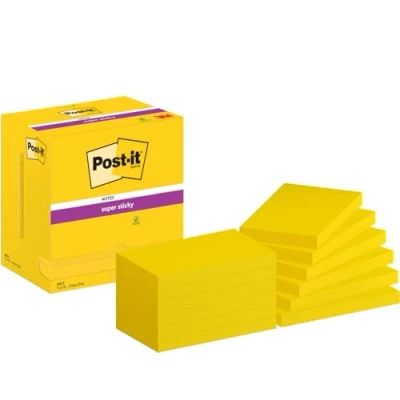Abbildung von Post it Super Sticky Notes, Packung mit 12 Blöcken, 90 Blatt pro Block, 127 mm x 76 mm, Farbe: Gelb Extra stark klebende Notizzettel für Notizen, To Do Listen und Erinnerungen
