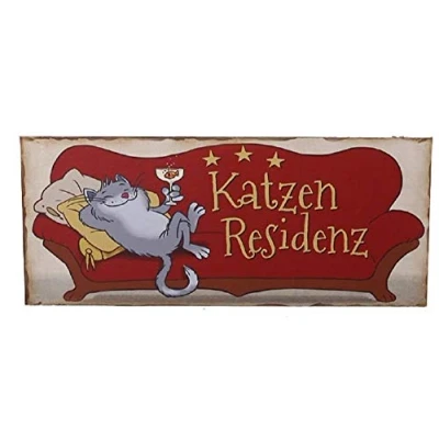 Abbildung von Linoows Metallschild Blechschild Hunderesidenz lustige lümmelnde Katze, witzige lustiges Tier Wandschild 13x31 cm