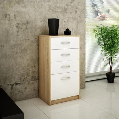 Abbildung von Kommode mit 4 Schubladen matter Oberfläche, 45cm breit Holz Schrank Sideboard Highboard Anrichte Schlafzimmer Wohnzimmer Flur Büro Organizer sonoma weiß