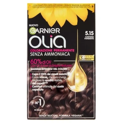 Abbildung von Garnier Olia Haarfarbe, permanente Färbung ohne Ammoniak, zarter Duft, deckt 100% weißes Haar ab, mit natürlichen Blütenölen Ursprungs, vegane Formel, Dunkelbraun