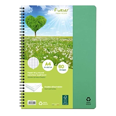Abbildung von Clairefontaine 68401C Heft mit Spiralbindung Forever, 100% Recycling Papier, DIN A4, 21 x 29,7 cm, 60 Blatt, französische Lineatur, abtrennbar, 90g, Grün, 1 Stück