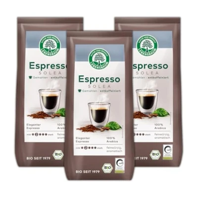 Abbildung von LEBENSBAUM 3 x Espresso Solea entkoffeiniert, Bio Kaffee aus Arabica Bohnen entkoffiniert gemahlen, Intesität 2/5, sanft aromatisch, 250 g