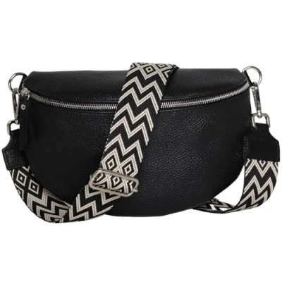 Abbildung von MIRROSI® Bauchtasche Damen, Echtleder, Made in Italy, Umhängetasche, Brusttasche, Crossbody Bag (1 Tasche &amp; 2 Gurte) (Schwarz (Bohemian Schwarz Beige), Kleine (22x13x6cm))