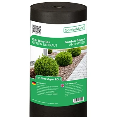 Abbildung von GardenMate 100m² Unkrautvlies Gartenvlies wasserdurchlässig Unkrautfolie Gartenflies Unkrautflies auf Rolle 1m x 100m 50g/m² Gartenfolie Reißfestes Unkrautschutzvlies Hohe UV Stabilisierung