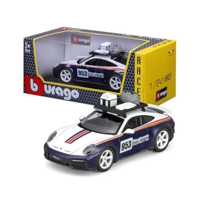 Abbildung von Bburago Porsche 911 Dakar: Modellauto im Maßstab 1:24, Türen beweglich, weiß blau (18 28029)