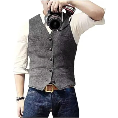 Abbildung von Solovedress Herren Casual Wolle Fischgrätmuster Anzug Weste V Ausschnitt Tweed für Hochzeit Groomsmen(Silber Grau,L)