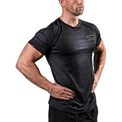 Abbildung von Satire Gym® Fitness Slim Fit T Shirt Herren Funktionelles &amp; schnell trocknendes Sportshirt Kurzarm als Bodybuilding Workout Gym (XXL, schwarz meliert)