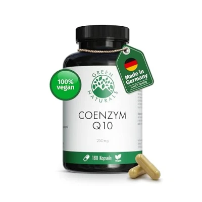 Abbildung von Coenzym Q10 hochdosiert 250mg pro Kapsel 180 vegane Kapseln 6 Monate Reichweite hochwertiges aus Fermentation in Deutschland produziert &amp; laborgeprüft Green Naturals®