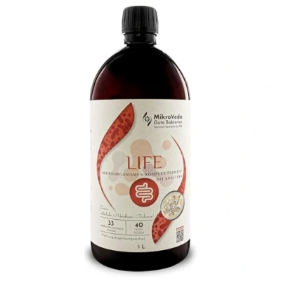 Abbildung von Mikroveda LIFE Enzymfermentgetränk 1 Liter 33 Bakterienstämme VEGAN powered by Dalimar (1)